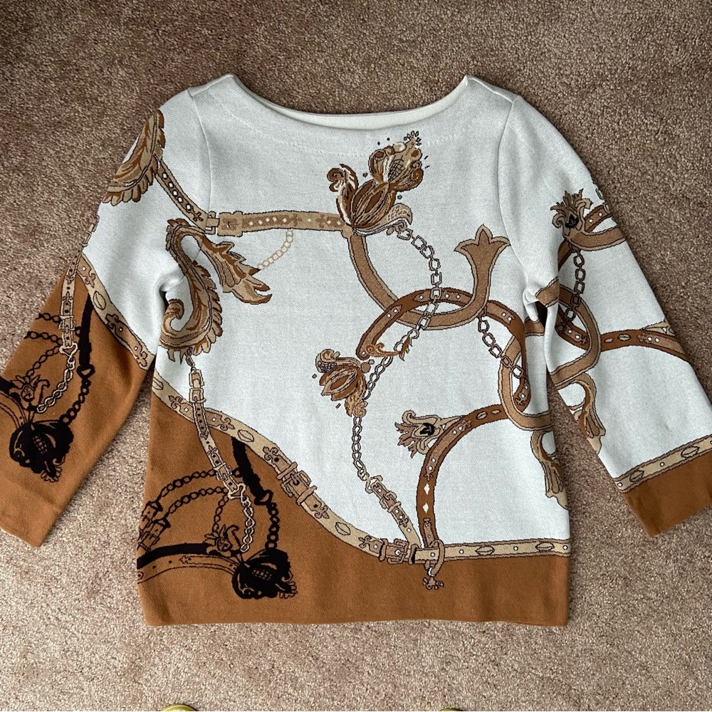 Chicos Jacquard Boat Neck Sweater 3/4 Sleeves Size 1